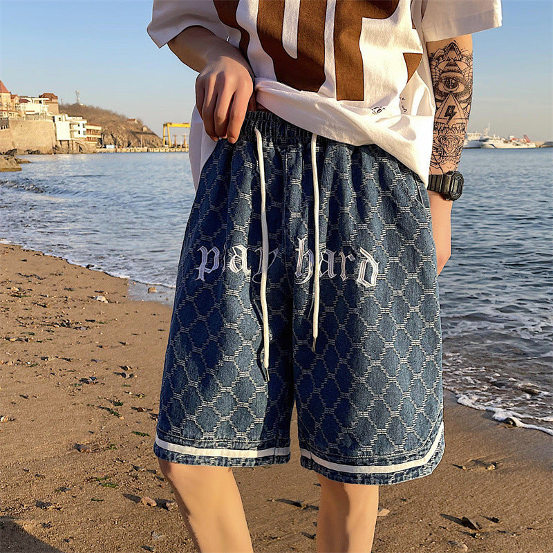 Men Jeans Denim Shorts Men's Summer Embroidered Plaid Shorts