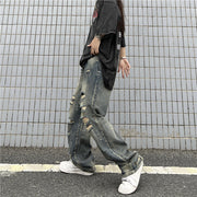 Men Jeans Retro Washed Distressed Ripped Jeans