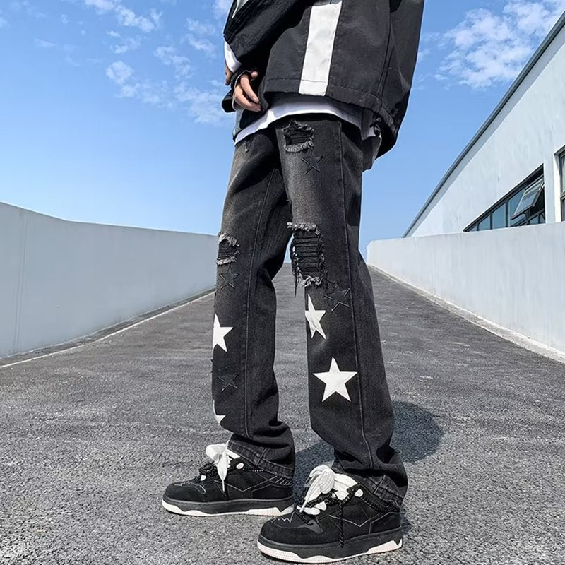 Men Jeans Five-Pointed Star Embroidered Jeans Retro Tattered Jeans Straight-Leg Pants