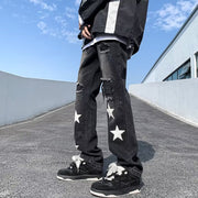 Men Jeans Five-Pointed Star Embroidered Jeans Retro Tattered Jeans Straight-Leg Pants