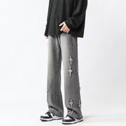 Men Jeans Cross Embroidery Straight-Leg Pants Spring Loose Retro Oversized Casual Trousers