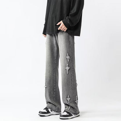 Men Jeans Cross Embroidery Straight-Leg Pants Spring Loose Retro Oversized Casual Trousers