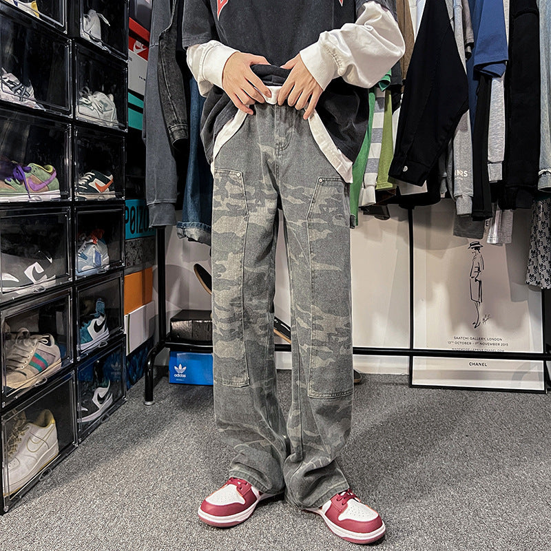 Men Jeans Retro Camouflage Pants Loose Straight Cargo Pants Washed Wide Leg Casual Trousers