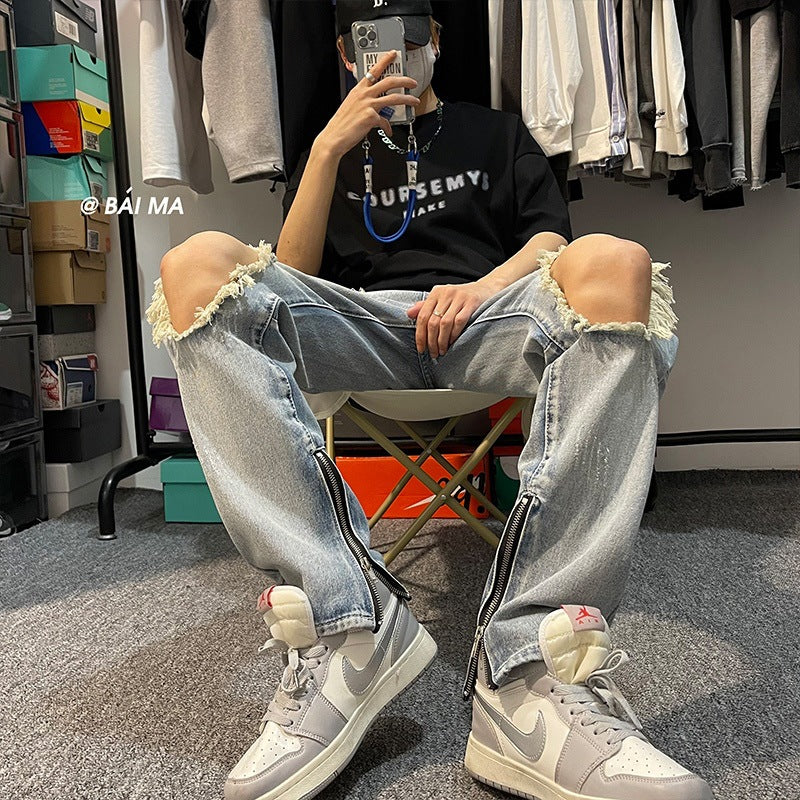 Men Jeans Retro Washed Make Old Ripped Jeans Zipper Trousers