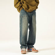 Men Jeans Washed Worn Jeans Men's Straight-Leg Trousers Wide Leg Pants