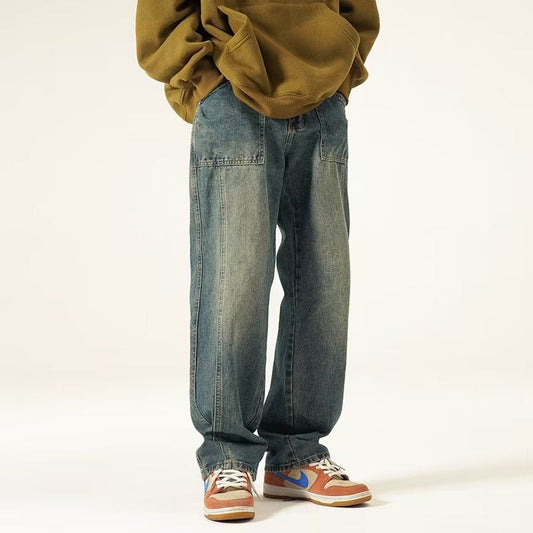 Men Jeans Washed Worn Jeans Men's Straight-Leg Trousers Wide Leg Pants