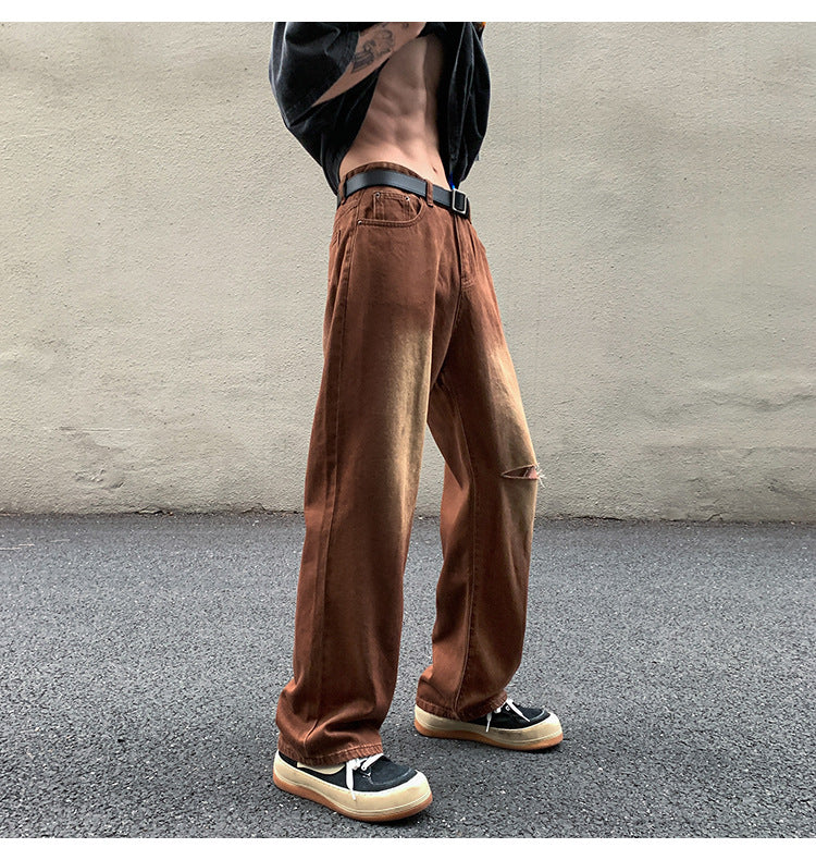 Men Jeans Vintage Brown Jeans Summer Straight Ripped Trousers