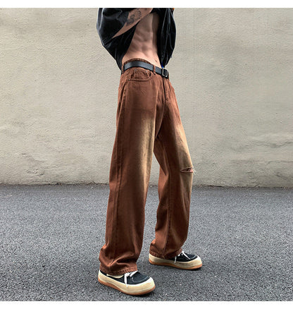 Men Jeans Vintage Brown Jeans Summer Straight Ripped Trousers