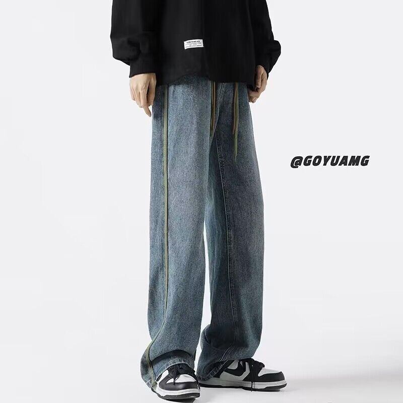 Men Jeans Wide Leg Pants Retro Washed Straight Casual Pants