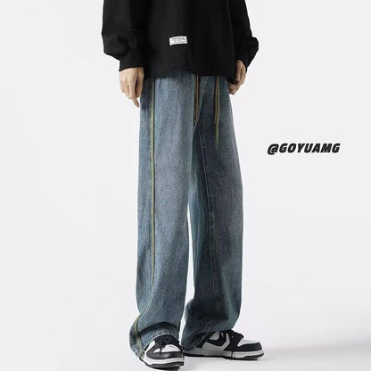 Men Jeans Wide Leg Pants Retro Washed Straight Casual Pants