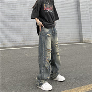 Men Jeans Retro Washed Distressed Ripped Jeans