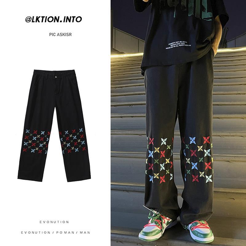 Men Jeans Embroidered Jeans Baggy Straight Trousers