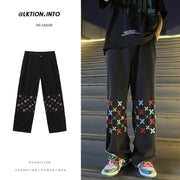 Men Jeans Embroidered Jeans Baggy Straight Trousers
