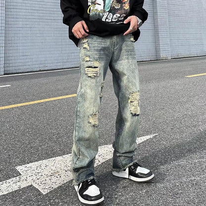 Men Jeans Washed Distressed Ripped Jeans Hiphop Loose Straight Trousers