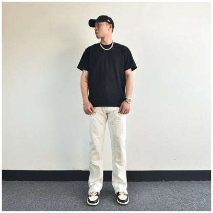 Men Jeans Zipper Slit Slightly Flared Casual Pants Loose Cargo Pants