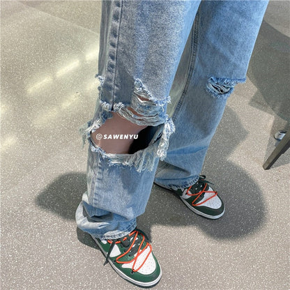 Men Jeans Ripped Jeans Washed Loose Wide Leg
