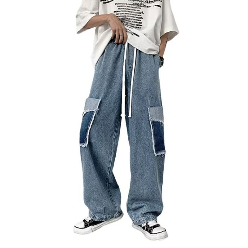 Men Jeans Patch Ripped Jeans Summer Retro Straight Loose Pants