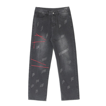 Men Jeans Washed Jeans Men's Winter Retro Straight-Leg Pants