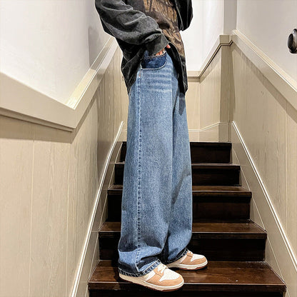 Men Jeans Fall Casual Wide-Leg Trousers Washed-out Vintage Straight-Leg Pants