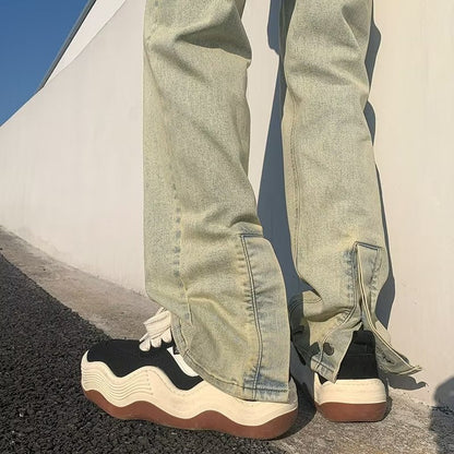 Men Jeans Washed Worn Jeans Men's Straight Loose Flared Pants
