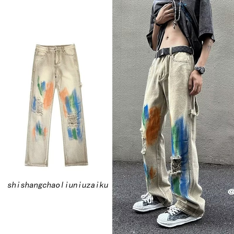 Men Jeans Washed Jeans Ripped Tie-Dye Pants Men Straight-Leg Pants