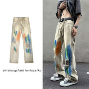 Men Jeans Washed Jeans Ripped Tie-Dye Pants Men Straight-Leg Pants