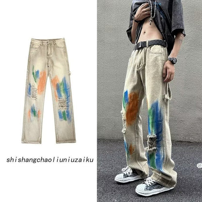 Men Jeans Washed Jeans Ripped Tie-Dye Pants Men Straight-Leg Pants
