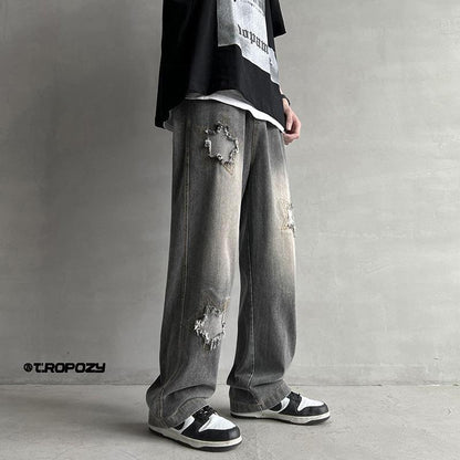 Men Jeans Five-Pointed Star Summer Washed-out Vintage Wide Leg Denim Trousers