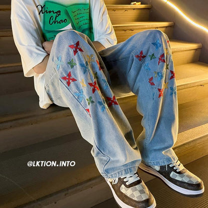 Men Jeans Embroidered Jeans Baggy Straight Trousers