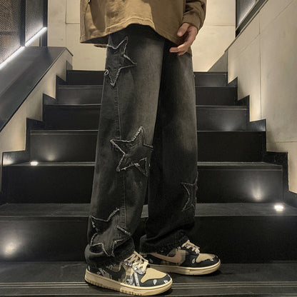 Men Jeans Straight-Leg Denim Trousers Autumn and Winter Loose