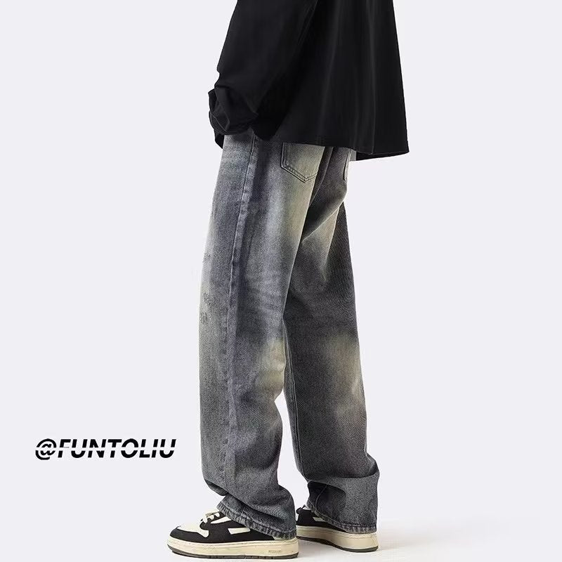 Men Jeans Straight Loose Washed-out Jeans Casual Wide Leg Pants