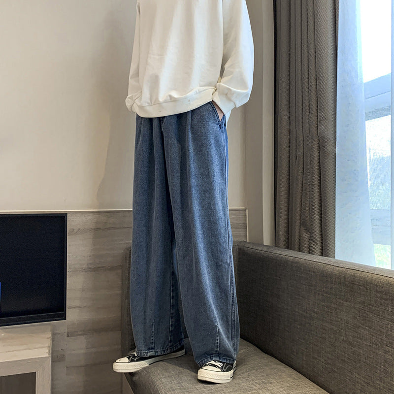 Men Jeans Loose Straight Wide-Leg Pants Spring and Autumn Black Casual Trousers