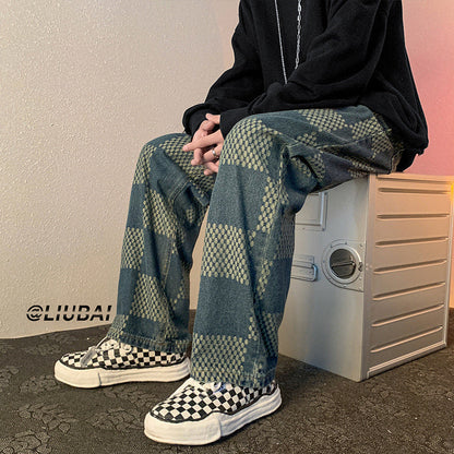 Men Jeans Chessboard Plaid Jeans Autumn Straight Wide-Leg Pants Retro Loose Trousers