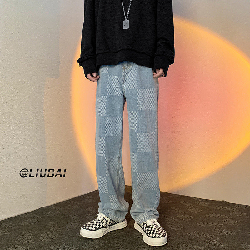 Men Jeans Chessboard Plaid Jeans Autumn Straight Wide-Leg Pants Retro Loose Trousers