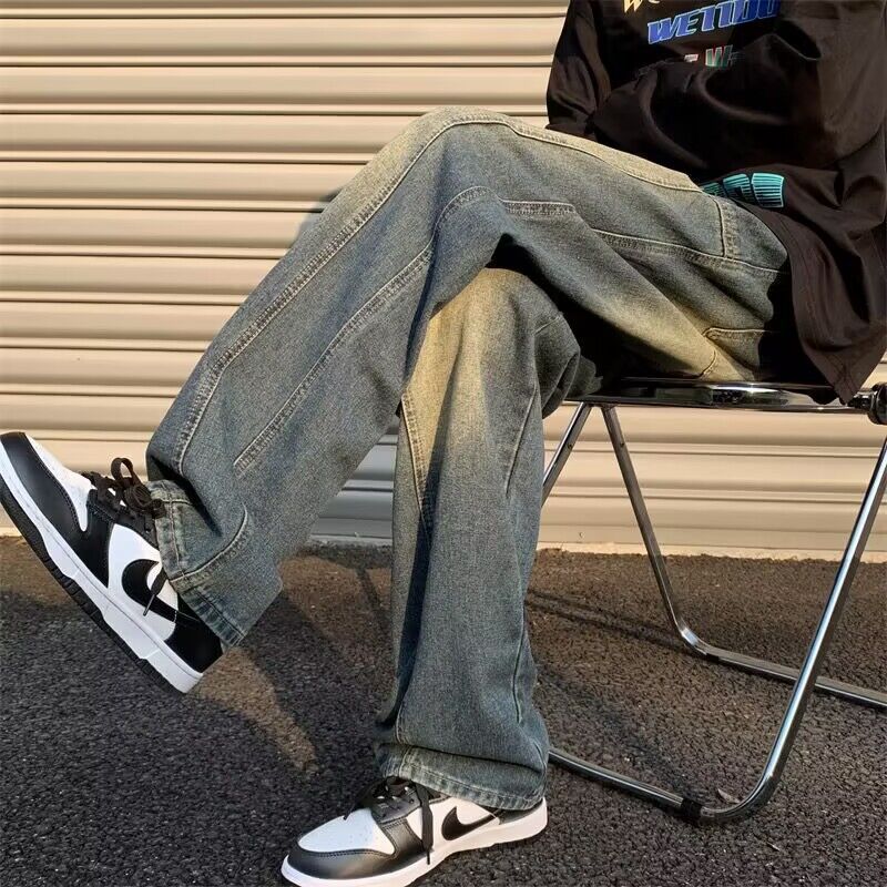 Men Jeans Retro Washed Spring Straight-Leg Pants