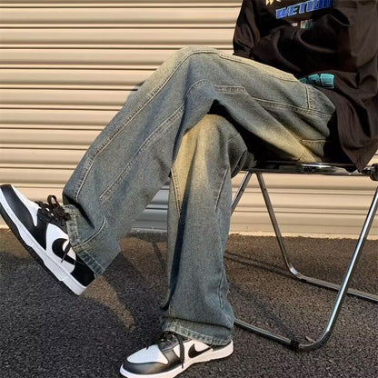 Men Jeans Retro Washed Spring Straight-Leg Pants