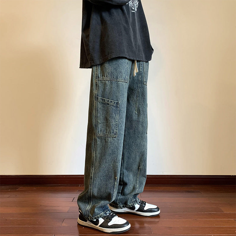 Men Jeans Retro Workwear Jeans Spring and Autumn Loose Wide-Leg Straight Trousers
