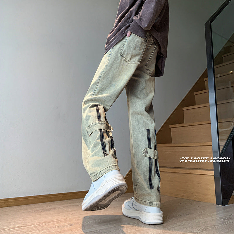 Men Jeans Zipper Jeans Men's Spring Retro Loose Wide Leg Straight Casual Trousers