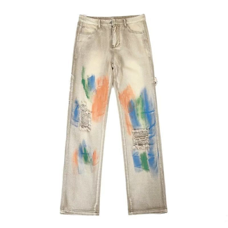 Men Jeans Washed Jeans Ripped Tie-Dye Pants Men Straight-Leg Pants