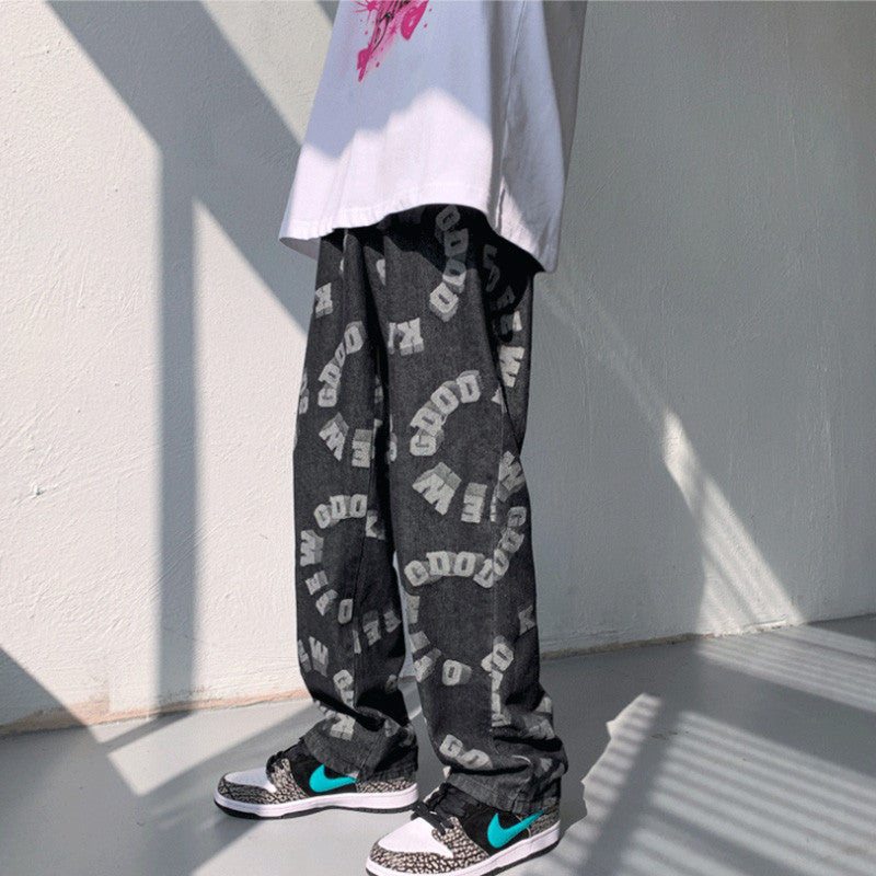 Men Jeans Hiphop Casual Loose Denim Trousers Straight-Leg Pants