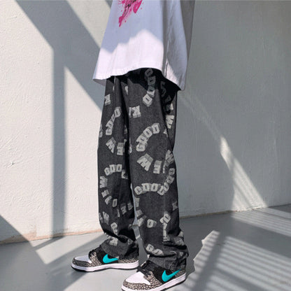 Men Jeans Hiphop Casual Loose Denim Trousers Straight-Leg Pants