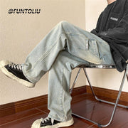 Men Jeans Vintage Brown Jeans Men's Autumn Loose Straight Wide Leg Pants