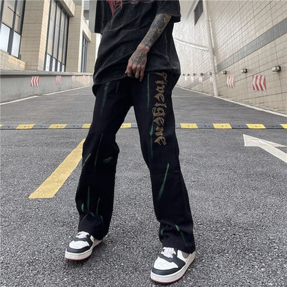 Men Jeans Retro Alphabet Rhinestone Printed Straight Jeans