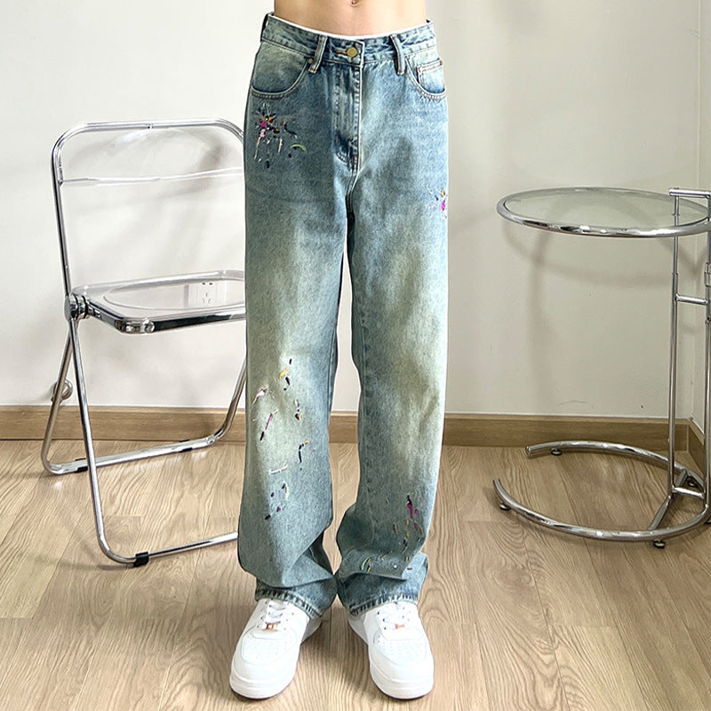 Men Jeans Embroidered Washed Loose Straight Jeans Casual Hip Hop Trousers