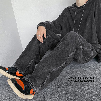 Men Jeans Vintage Hiphop Jeans Loose Straight Cargo Trousers Spring-Autumn Wide-Leg Pants