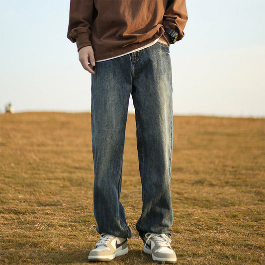 Men Jeans Retro Washed Straight Jeans Spring Loose Wide Leg Casual Pants for Boys