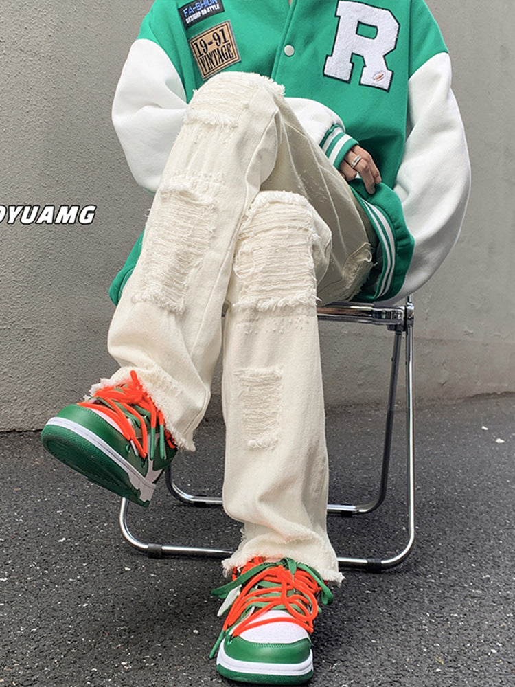 Men Jeans Ripped White Jeans Straight Slim-Fit Pants