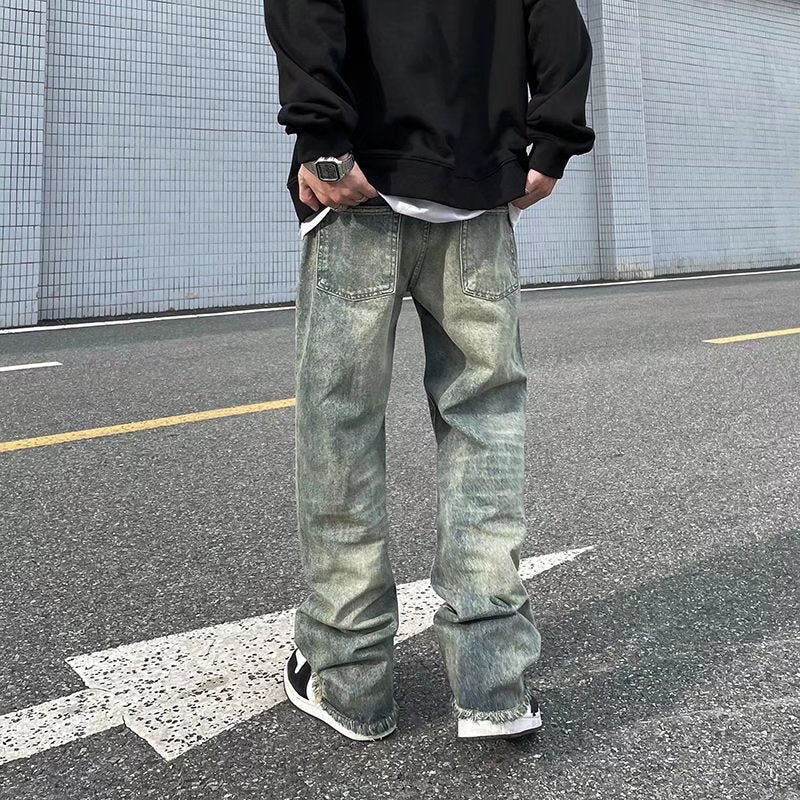 Men Jeans Washed Distressed Ripped Jeans Hiphop Loose Straight Trousers