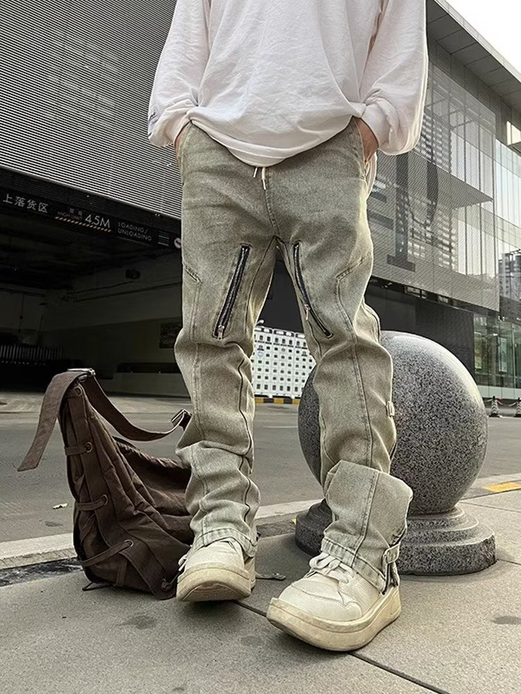 Men Jeans Worn Looking Washed-out Side Zipper Slightly Flared Jeans