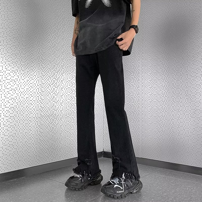 Men Jeans Raw Hem Ripped Skinny Jeans Summer Baggy Straight Trousers